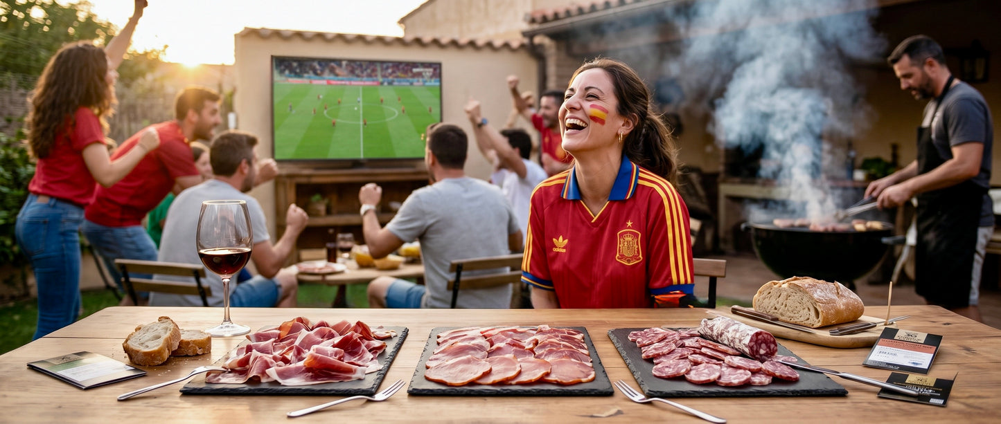 Amigos viendo un partido del Mundial de Fútbol mientras disfrutan de un auténtico picoteo ibérico de Jamones Enrique García.